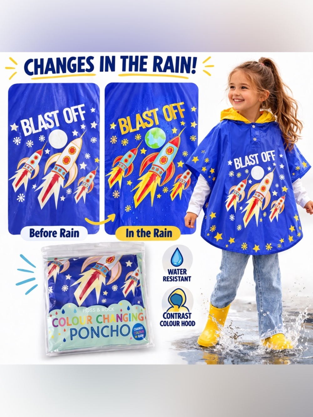 Floss & Rock Color Changing Rain Poncho Kids Rocket Hooded PVC Waterproof 3-10